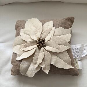 Pottery Barn Beige and Cream Poinsettia Holiday Pillow 12” Square Center Bells